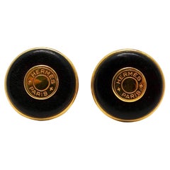 Hermes Clou de Selle Black Leather & Gold Tone Clip-On Earrings