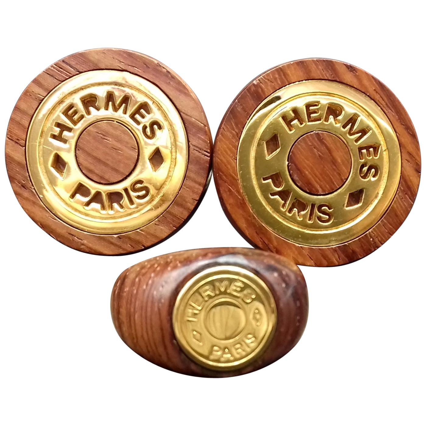 Hermès Clou de Selle Wood Golden Hdw Set di orecchini abbinati Anello in vendita 8