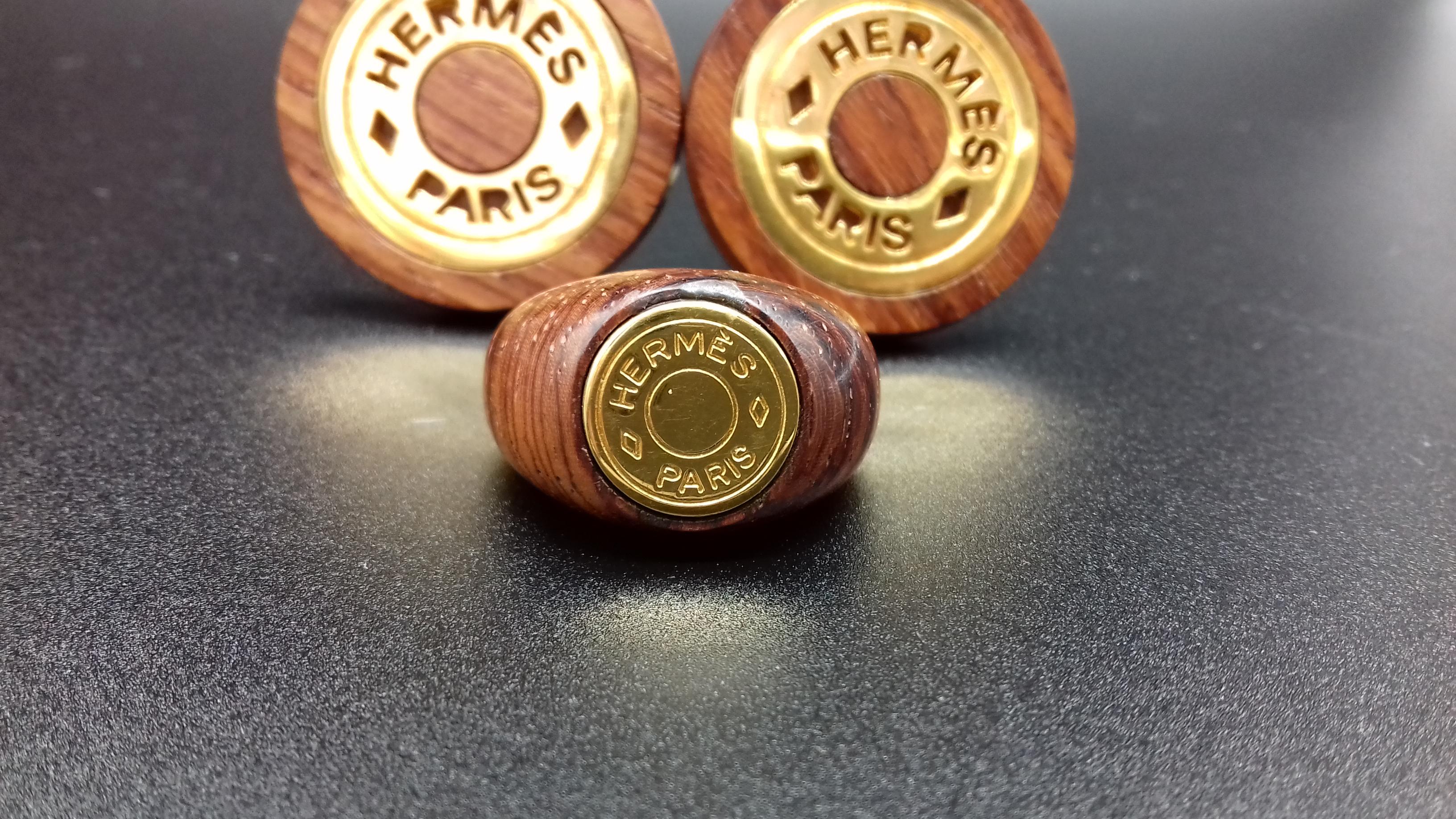 Donna Hermès Clou de Selle Wood Golden Hdw Set di orecchini abbinati Anello in vendita