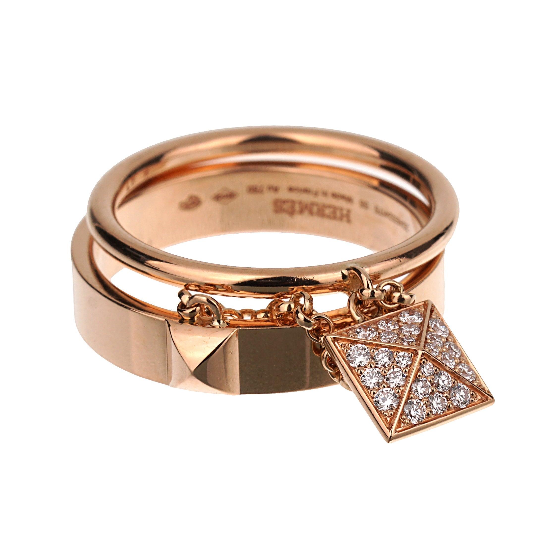 Taille ronde Hermes Clou d'H Bague en or rose 18k à double diamant en vente