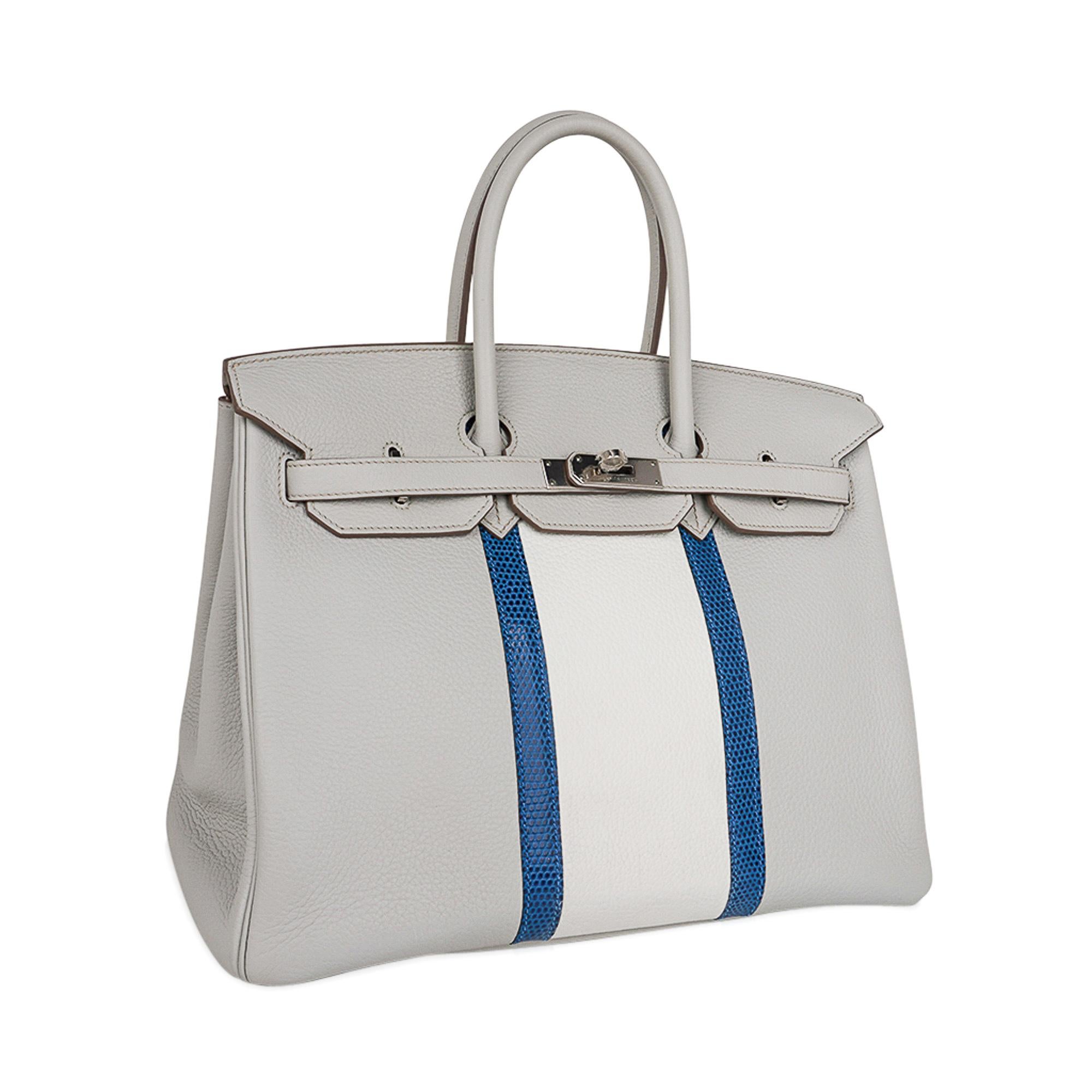Mightychic offers a very rare limited edition Hermes Birkin 35 Club bag featured in Gris Perle.
Exquisite Gris Perle and white Clemence leather is accentuated with rich blue Mykonos Lizard.
Palladium Hardware.
Comes with sleepers, lock, keys and