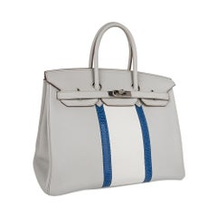 Hermes Club Birkin 35 Bag Gris Perle Blanc and Mykonos Lizard Clemence Palladium