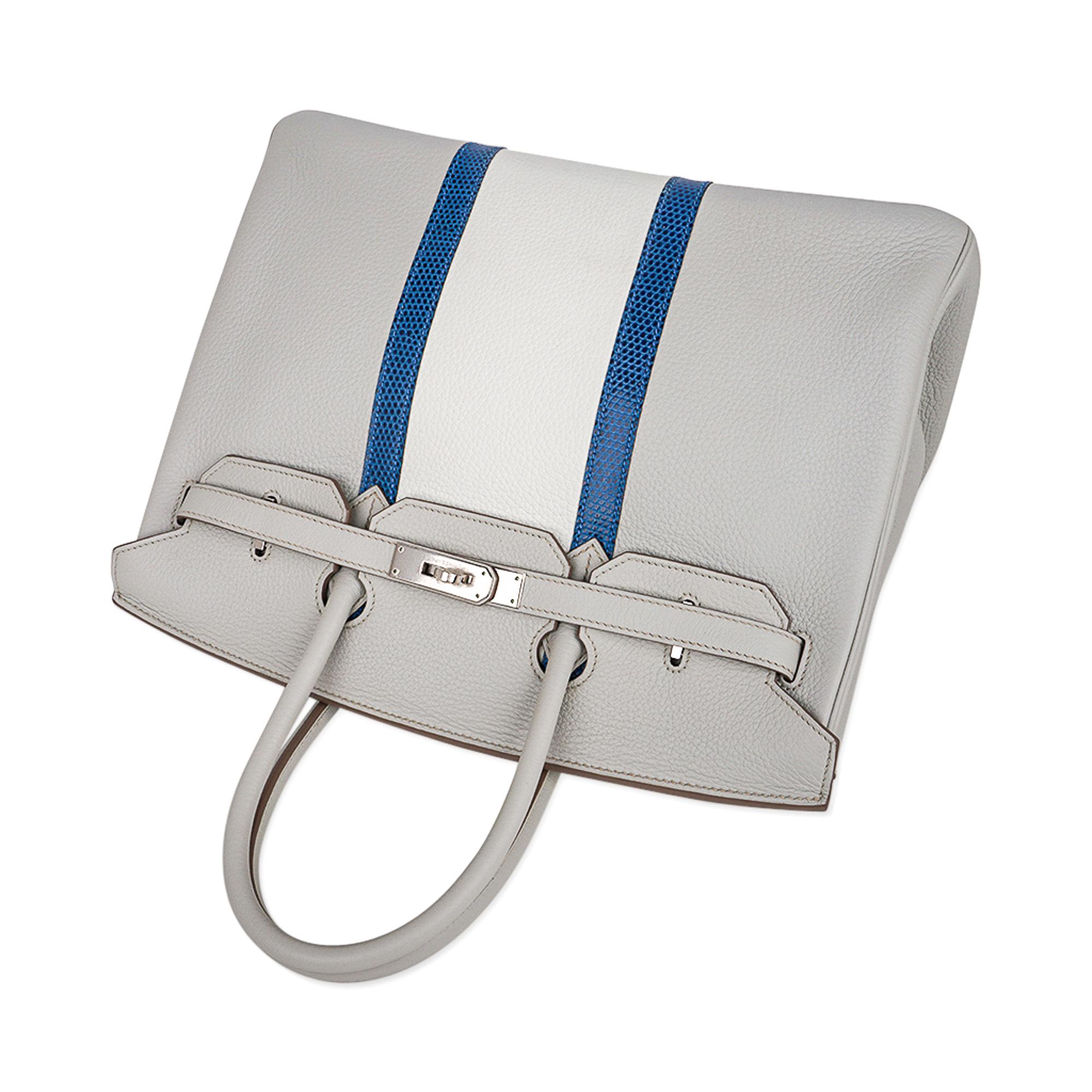 Hermes Club Birkin 35 Bag Gris Perle Blanc and Mykonos Lizard Clemence Palladium In New Condition For Sale In Miami, FL