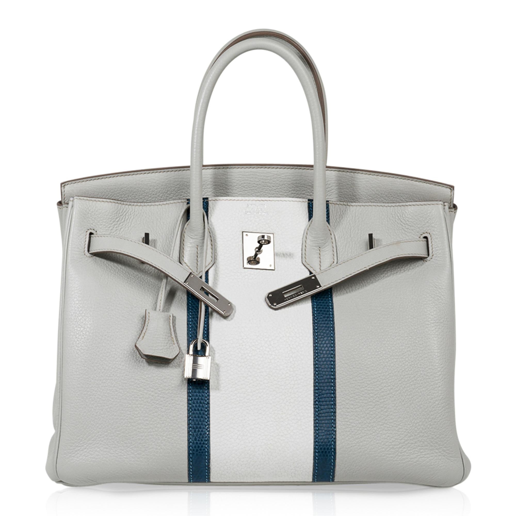 Women's Hermes Club Birkin 35 Bag Gris Perle / Blanc/ Mykonos Lizard Clemence Palladium