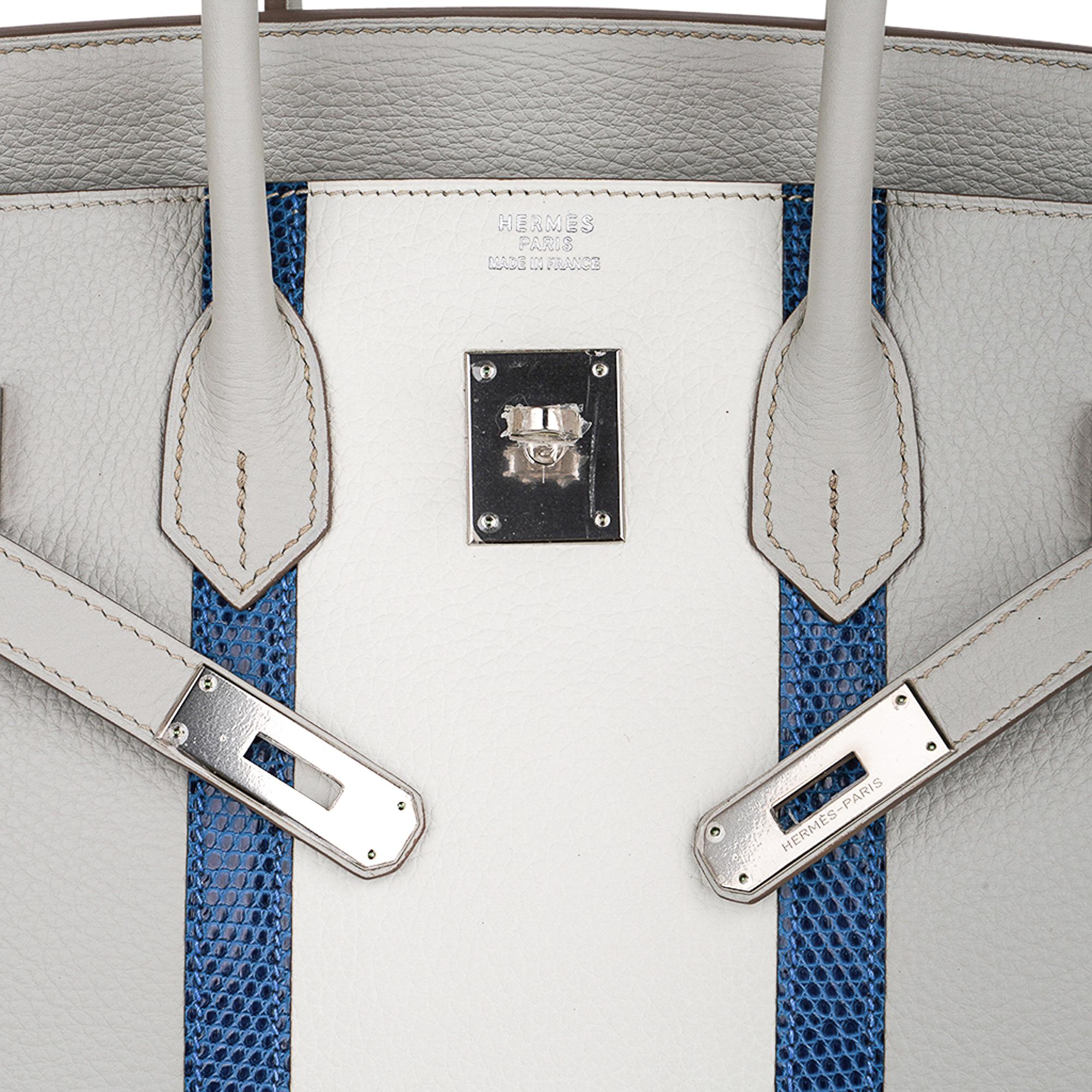 Hermès Club Birkin 35 Tasche Gris Perle / Blanc/ Mykonos Eidechse Clemence Palladium Damen im Angebot