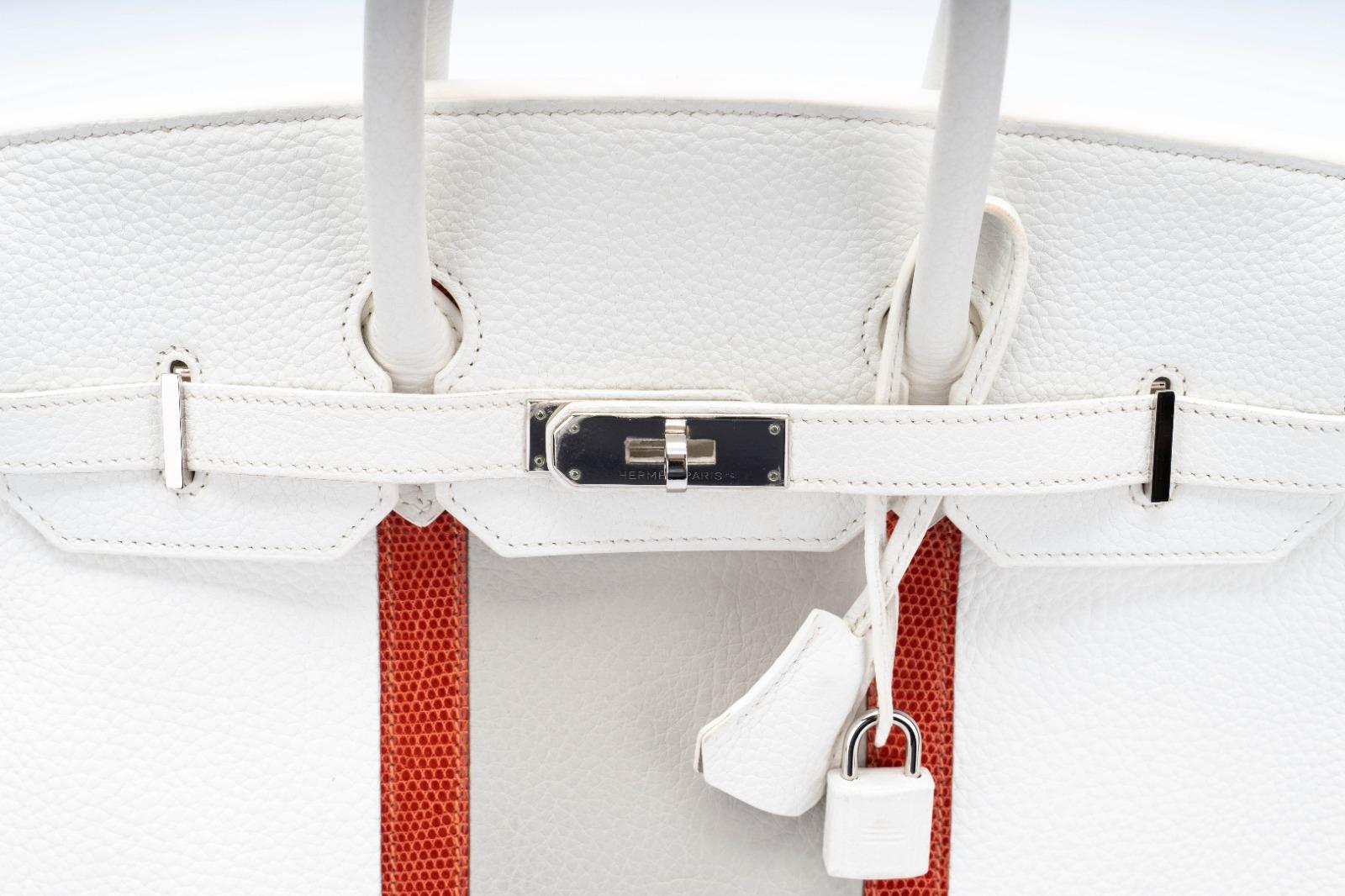 Hermes Club Birkin 35 White with Sanguine Lizard stripes and Gris Perle Clemence 5