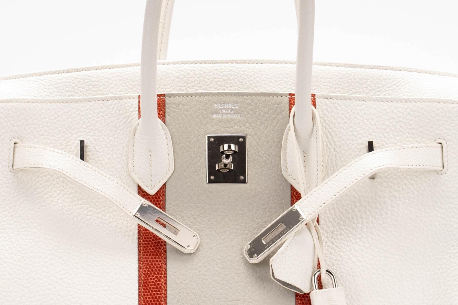 Hermes Club Birkin 35 White with Sanguine Lizard stripes and Gris Perle Clemence 6