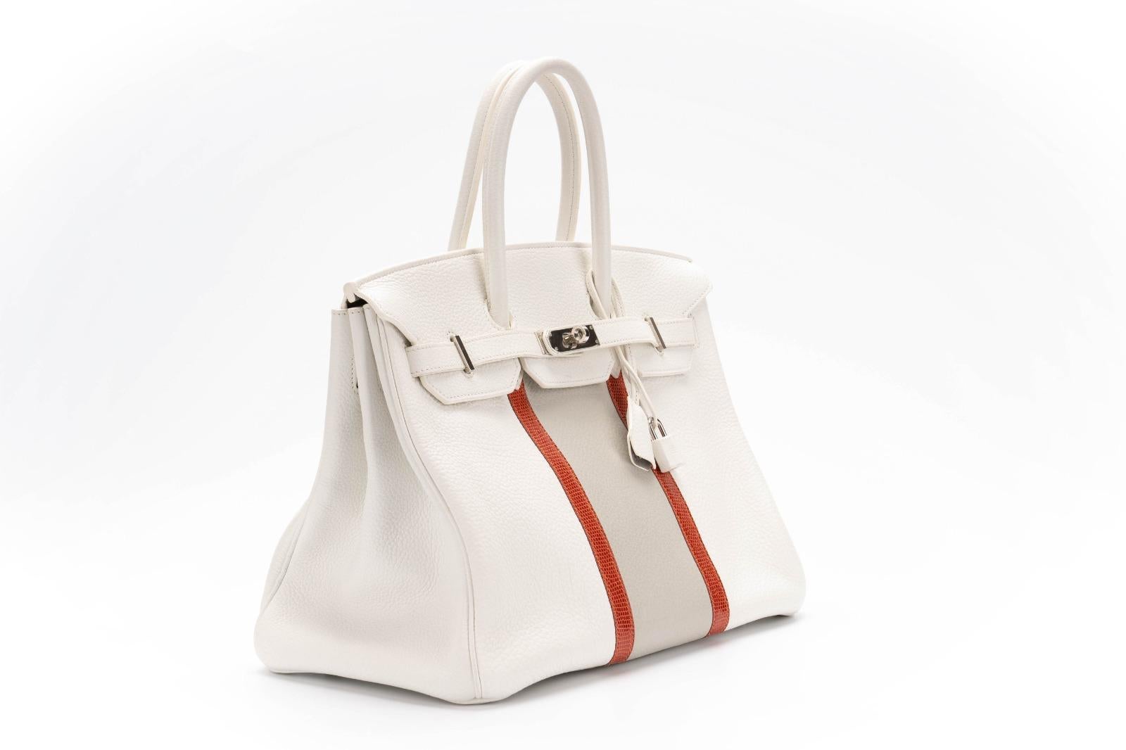 Limited Edition Hermes Birkin 35 Club in White clemence leather with Sanguine Lizard and Gris Perle
 Clemence leather stripes and Palladium hardware. The interior is in Gris Perle colour.
 This Birkin is rare and no longer made. Chic and lovely in