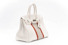 Hermes Club Birkin 35 White with Sanguine Lizard stripes and Gris Perle Clemence