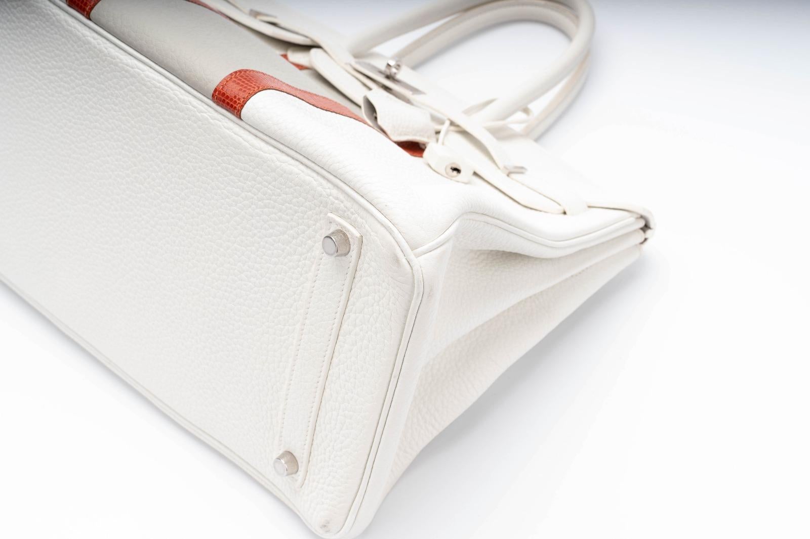 Hermes Club Birkin 35 White with Sanguine Lizard stripes and Gris Perle Clemence 3