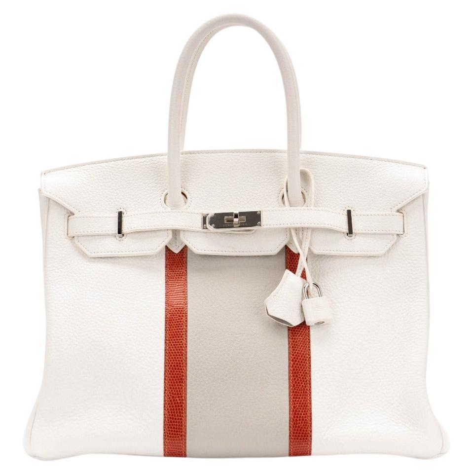 Hermes Club Birkin 35 White with Sanguine Lizard stripes and Gris Perle Clemence