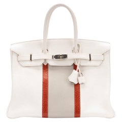 Hermes Club Birkin 35 White with Sanguine Lizard stripes and Gris Perle Clemence