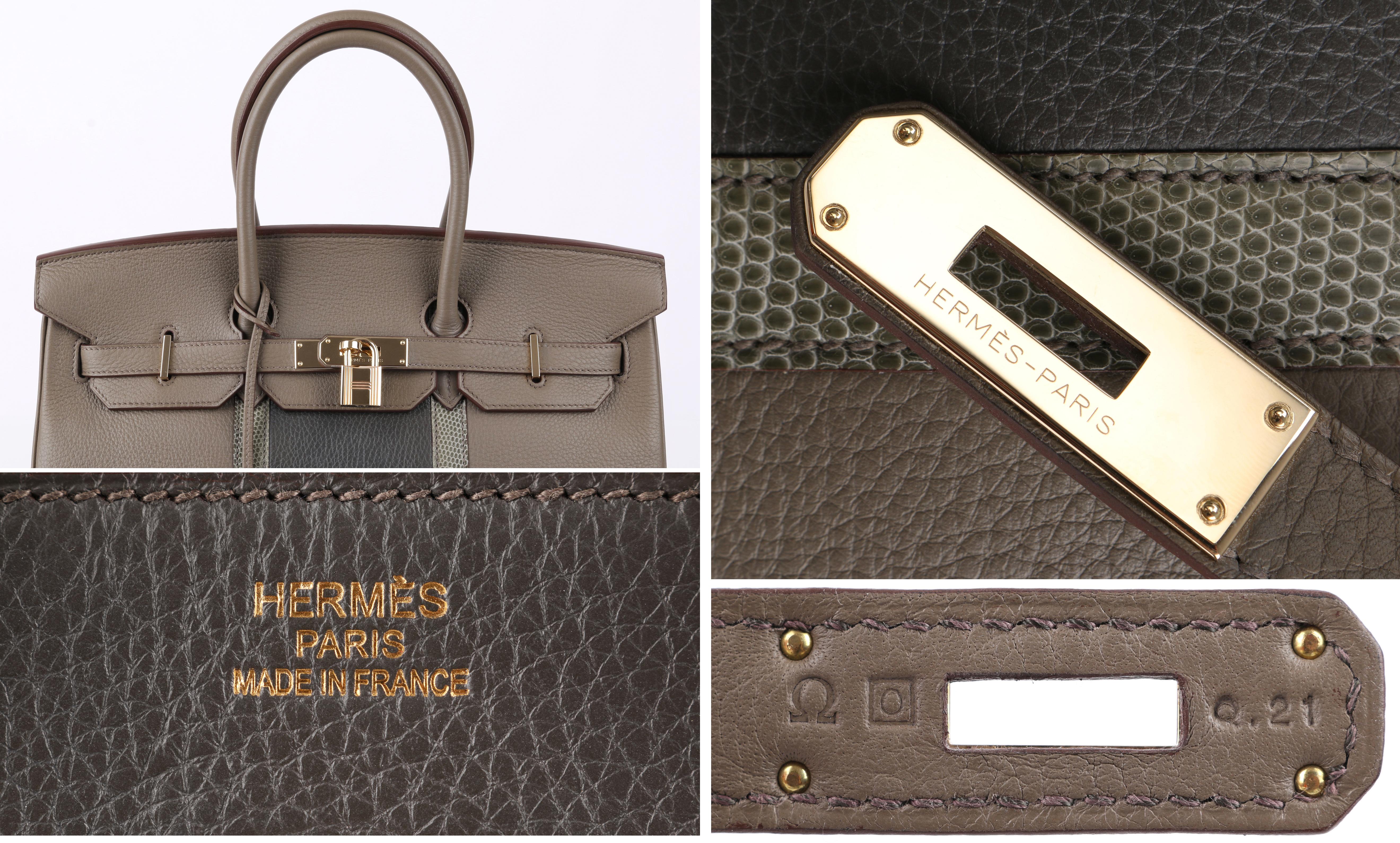 Hermès Limited Edition 2011 35cm Club Birkin handbag. The main body of the bag is Etain Clemence leather. The center panel is Graphite Clemence leather trimmed with Gris Fonce Lizard. Gold plated hardware with original lock (stamped 