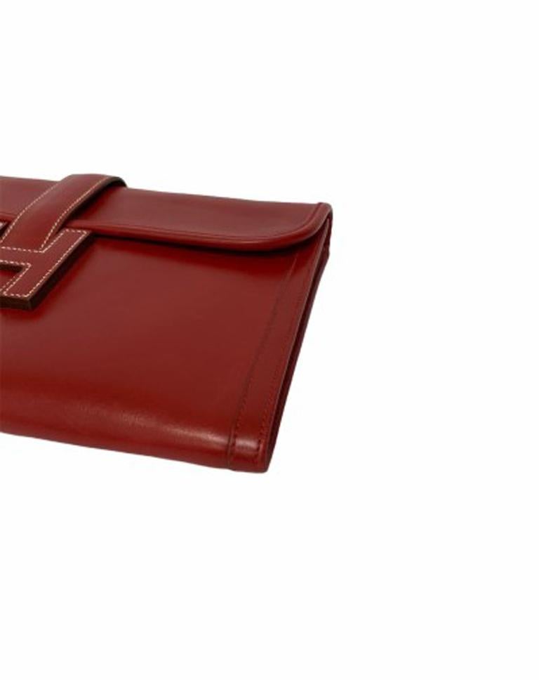 Women's Hermes Clutch Jige 29cm Clutch Bag in Red Leather with White Stitching