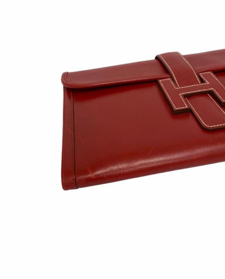 Hermes Clutch Jige 29cm Clutch Bag in Red Leather with White Stitching 1