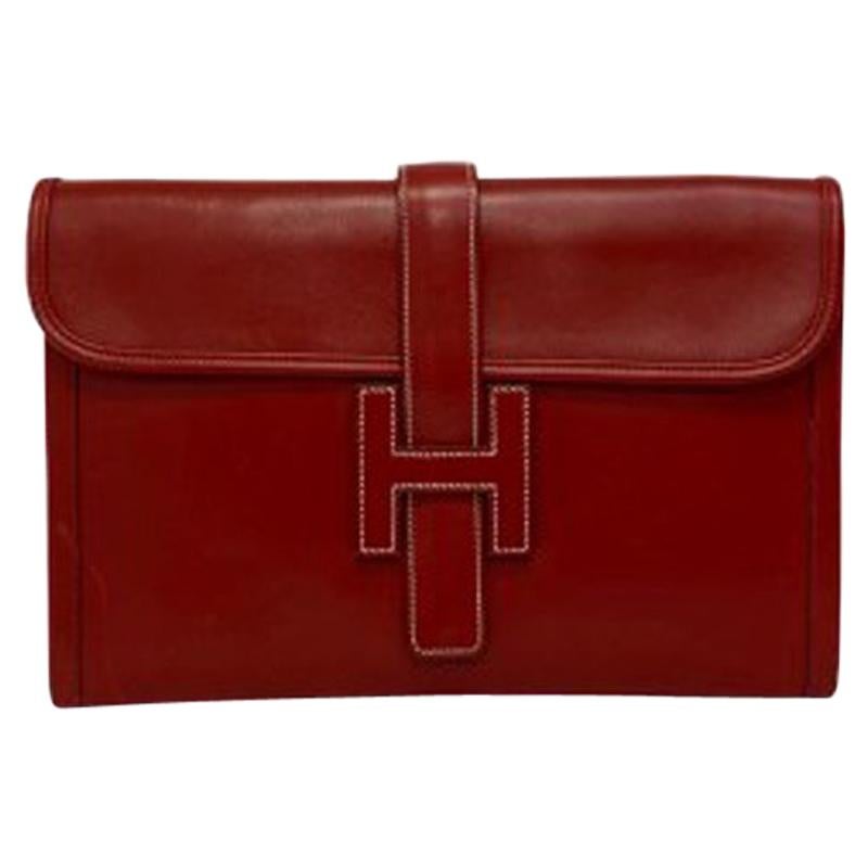 Hermes Clutch Jige 29cm Clutch Bag in Red Leather with White Stitching