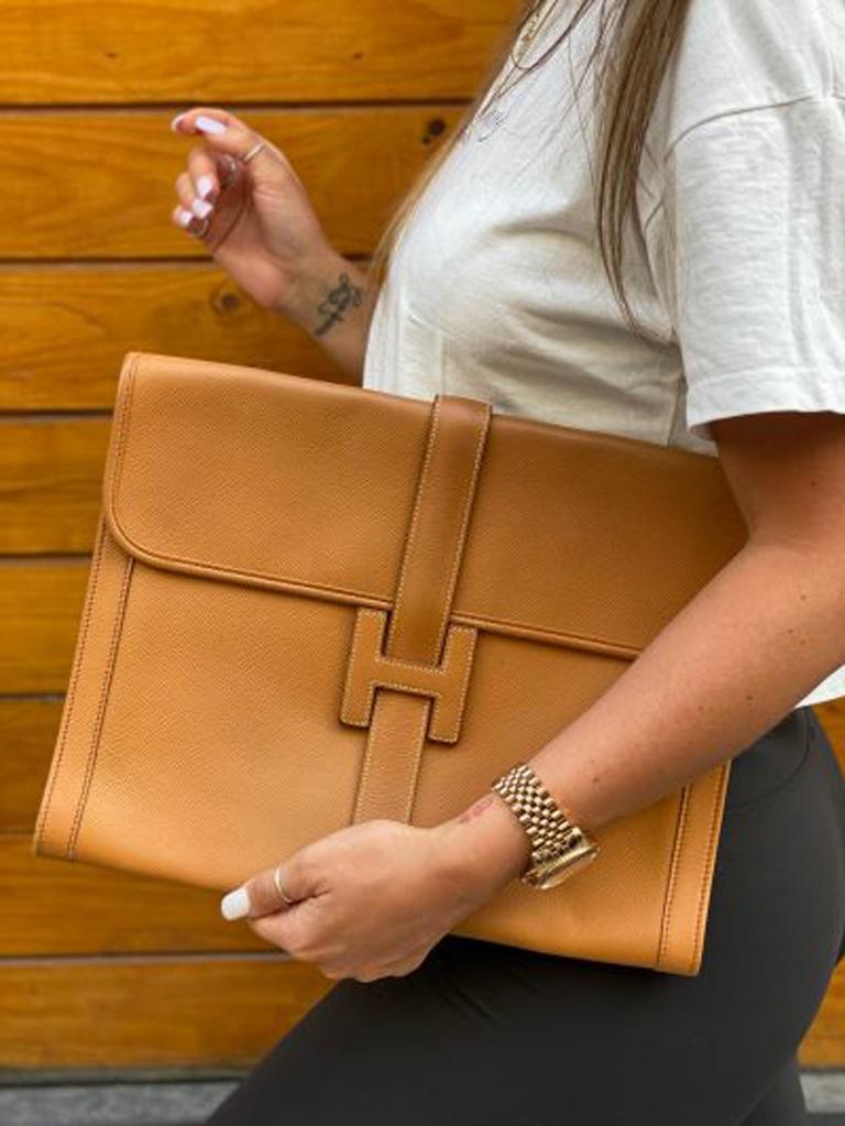 Hermes Clutch Jige 34cm in Beige Leather with White Stitching at 1stDibs