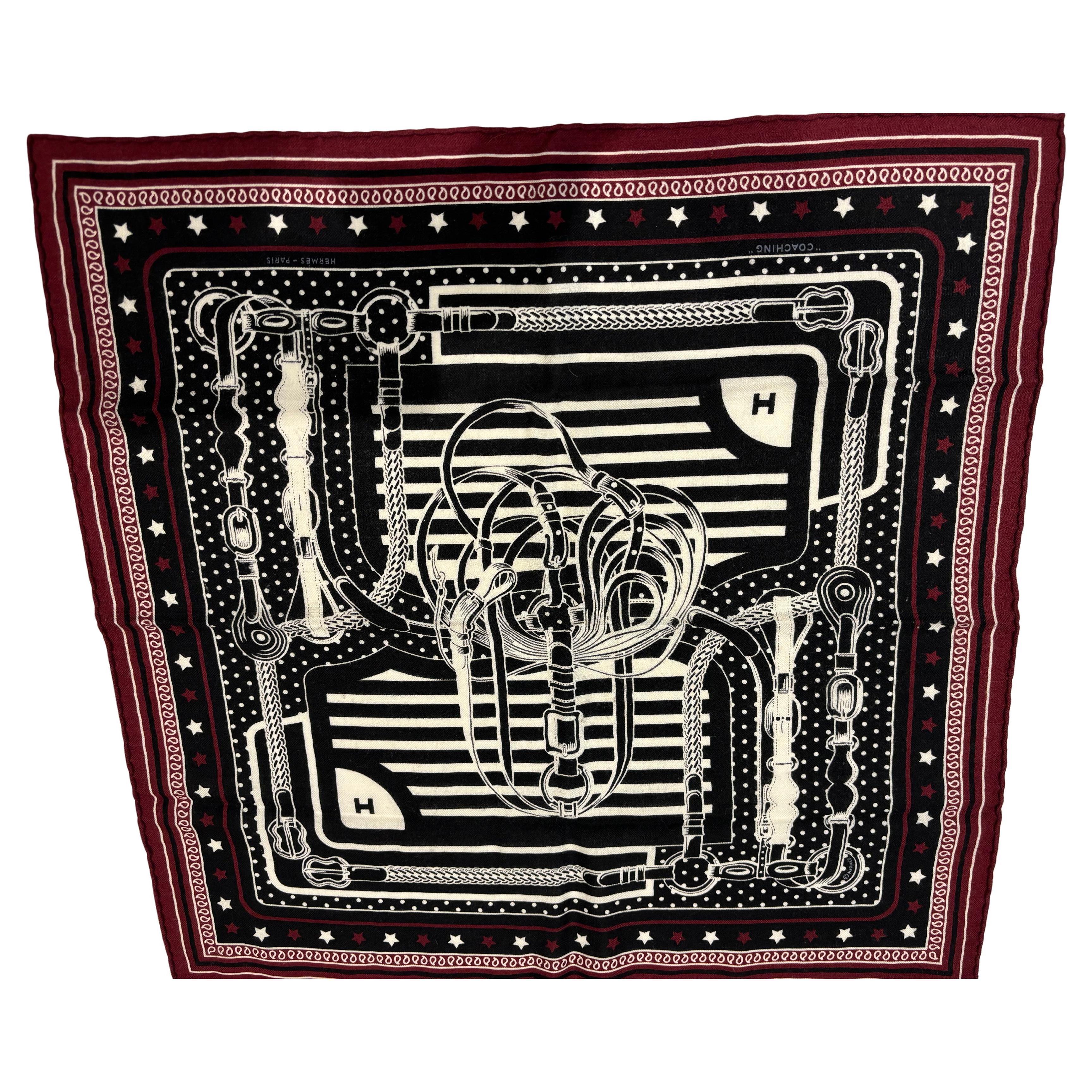 Hermes "Coaching" Cashmere and Silk Scarf 70/30 21"x21" For Sale