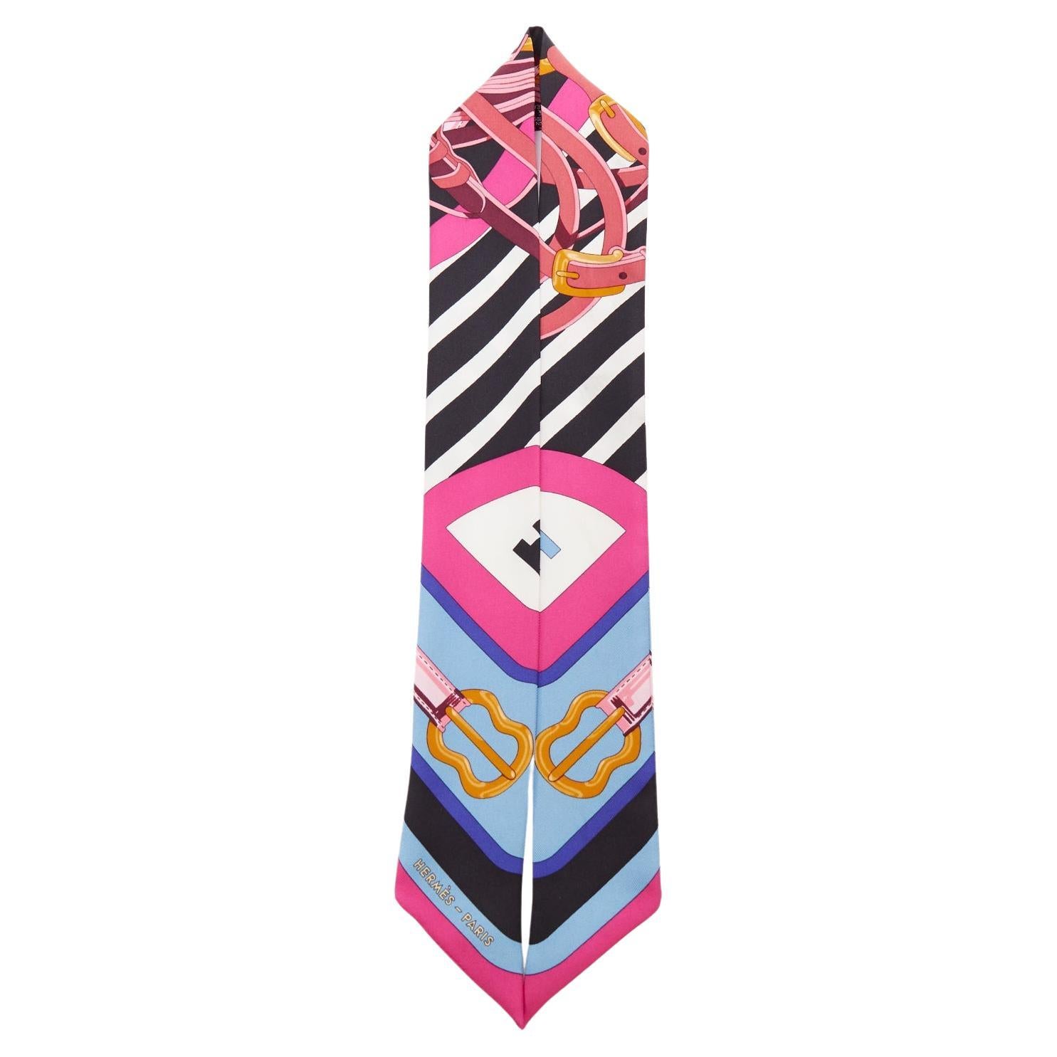 HERMES Coaching Twilly hot pink blue gold buckles handbag skinny scarf