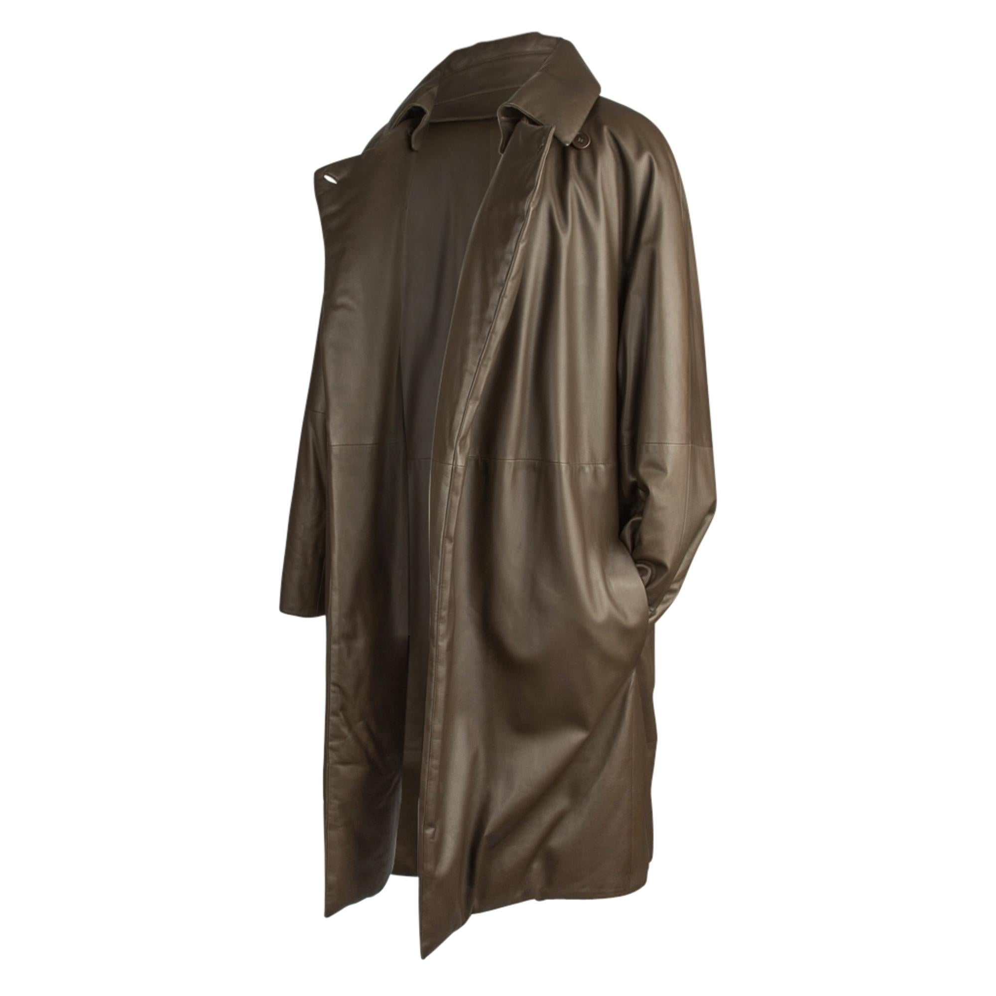 Guaranteed authentic Hermes warm taupe leather coat.
So magnificently made that you could wear the coat inside out if it were not for the labels!
Buttons only at the neck for a fabulous drape. 
Detachable collar.  Hidden buttons are easy to attach