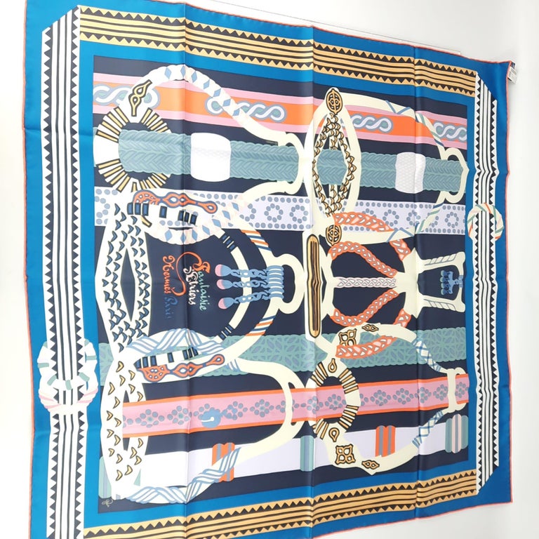 Hermes Fantaisie d'Etriers scarf 90 Rose / Abricot / Bleu Silk For Sale Hermes Fantaisie d'Etriers scarf 90 Rose / Abricot / Bleu Silk For Sale