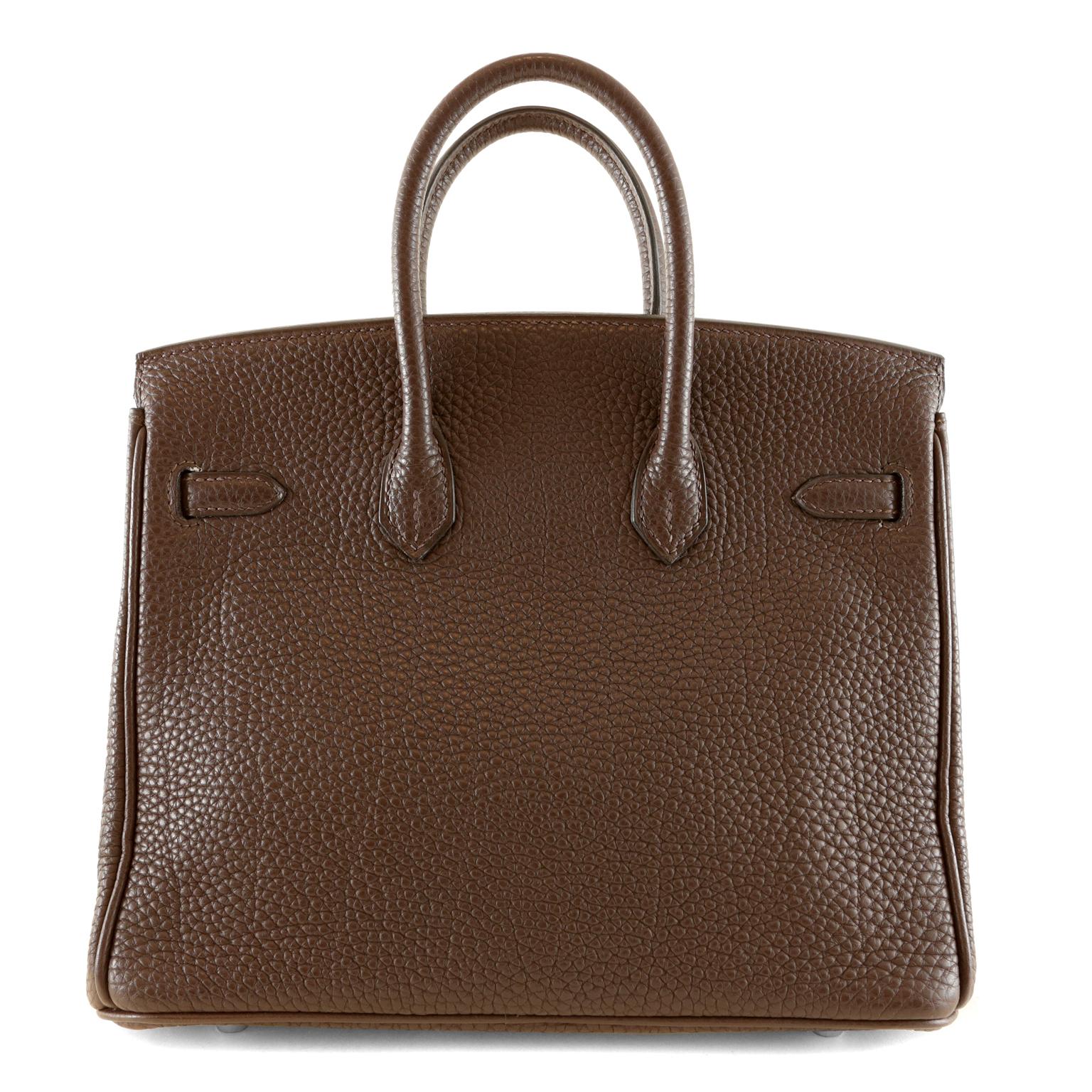 Hermès Cocoan Togo 25 cm Birkin- Excellent Plus Condition
Hand stitched by skilled craftsmen, wait lists of a year or more are not uncommon for the Hermès Birkin. They are considered the ultimate in luxury fashion.  Cocoan, a deep chocolate brown,
