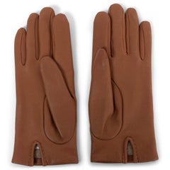 HERMES cognac brown leather H EMBROIDERED Cashmere Gloves 7
