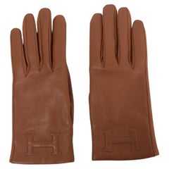 HERMES cognac brown leather H EMBROIDERED Cashmere Gloves 7