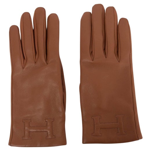HERMES cognac brown leather H EMBROIDERED Cashmere Gloves 7 For Sale at  1stDibs