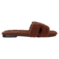 HERMES Cognac brown woolskin ORAN TEDDY Slide Sandals Shoes 38.5