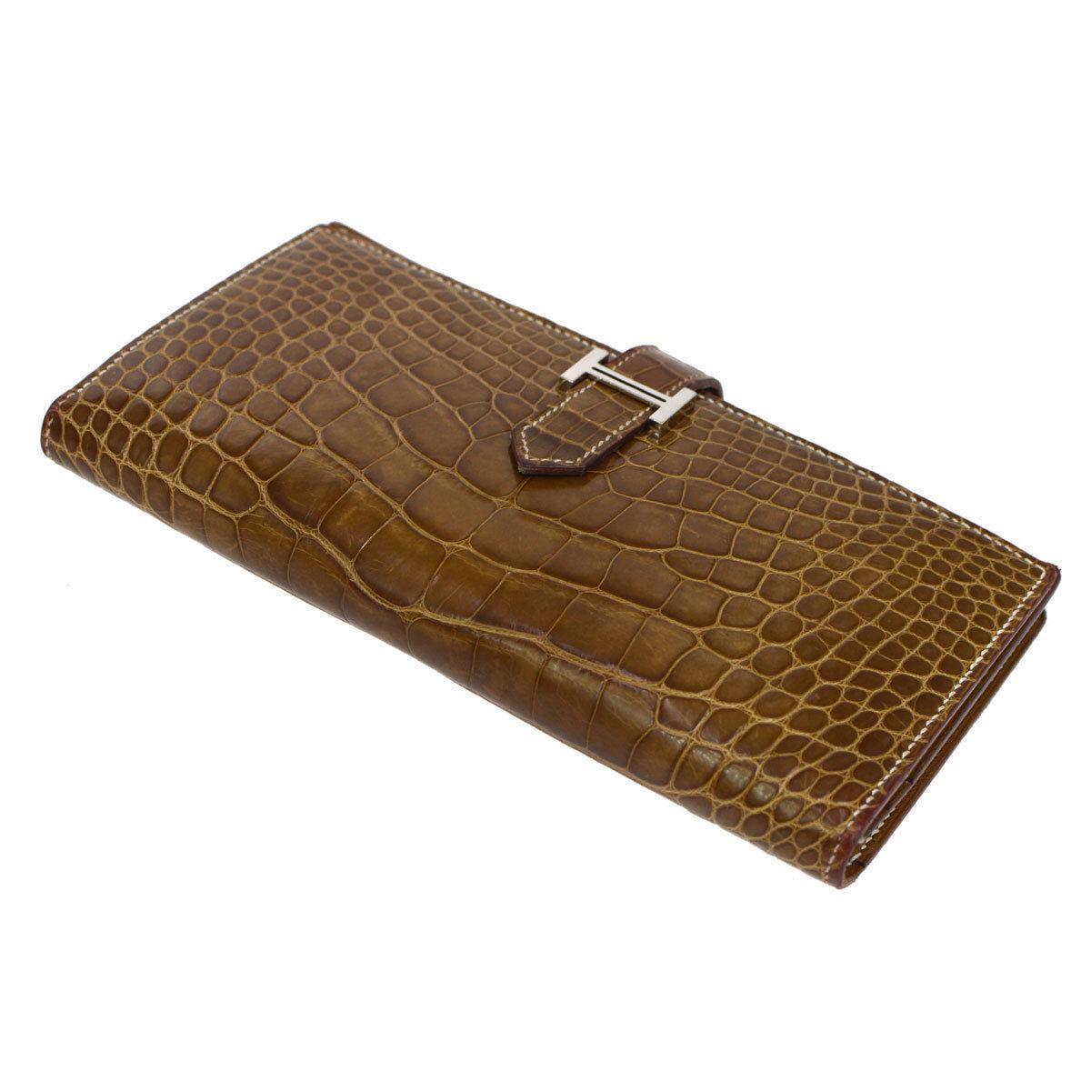 Brown Hermes Cognac Chocolate Crocodile Palladium Evening Clutch Wallet Bag in Box