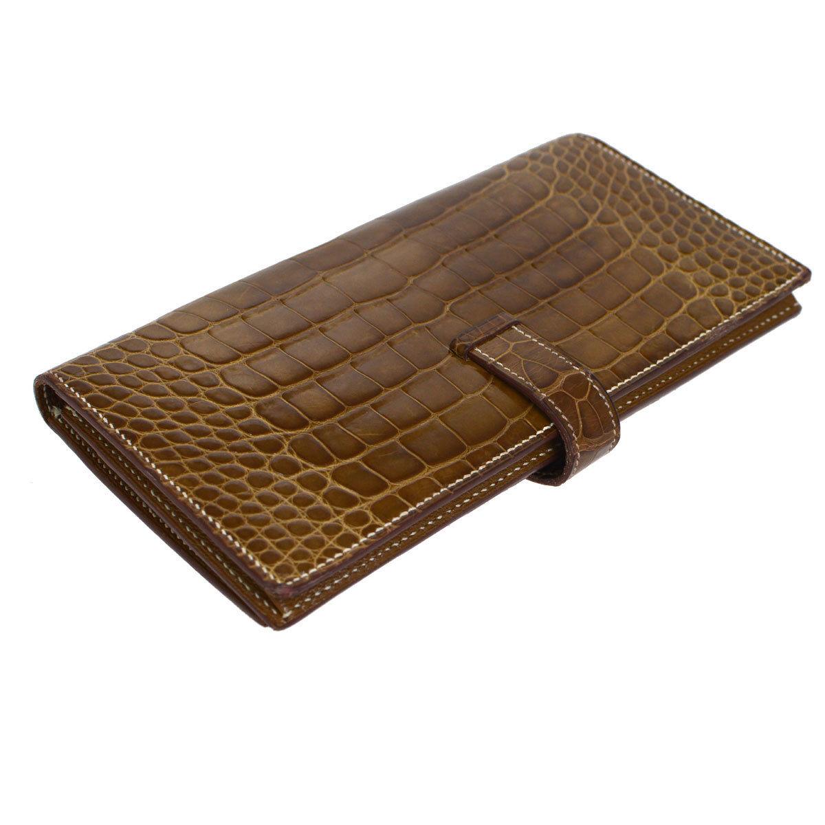 Hermes Cognac Chocolate Crocodile Palladium Evening Clutch Wallet Bag in Box In Good Condition In Chicago, IL