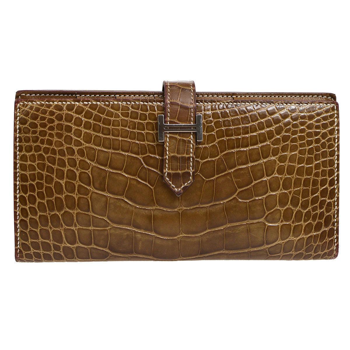 Hermes Cognac Chocolate Crocodile Palladium Evening Clutch Wallet Bag in Box