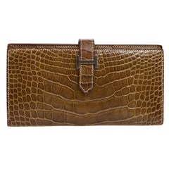 Hermes Cognac Chocolate Crocodile Palladium Evening Clutch Wallet Bag in Box