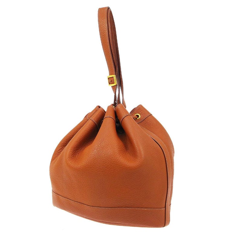 Hermes Cognac Leather Bucket Gold Drawstring Carryall Shoulder Bag at