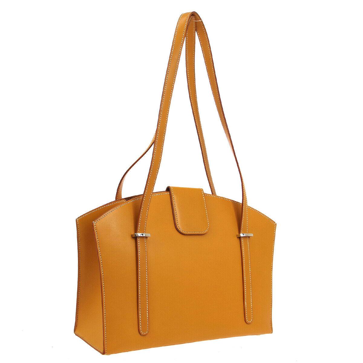 Orange Hermes Cognac Leather Clock Top Handle Satchel Shoulder Tote Carryall Bag