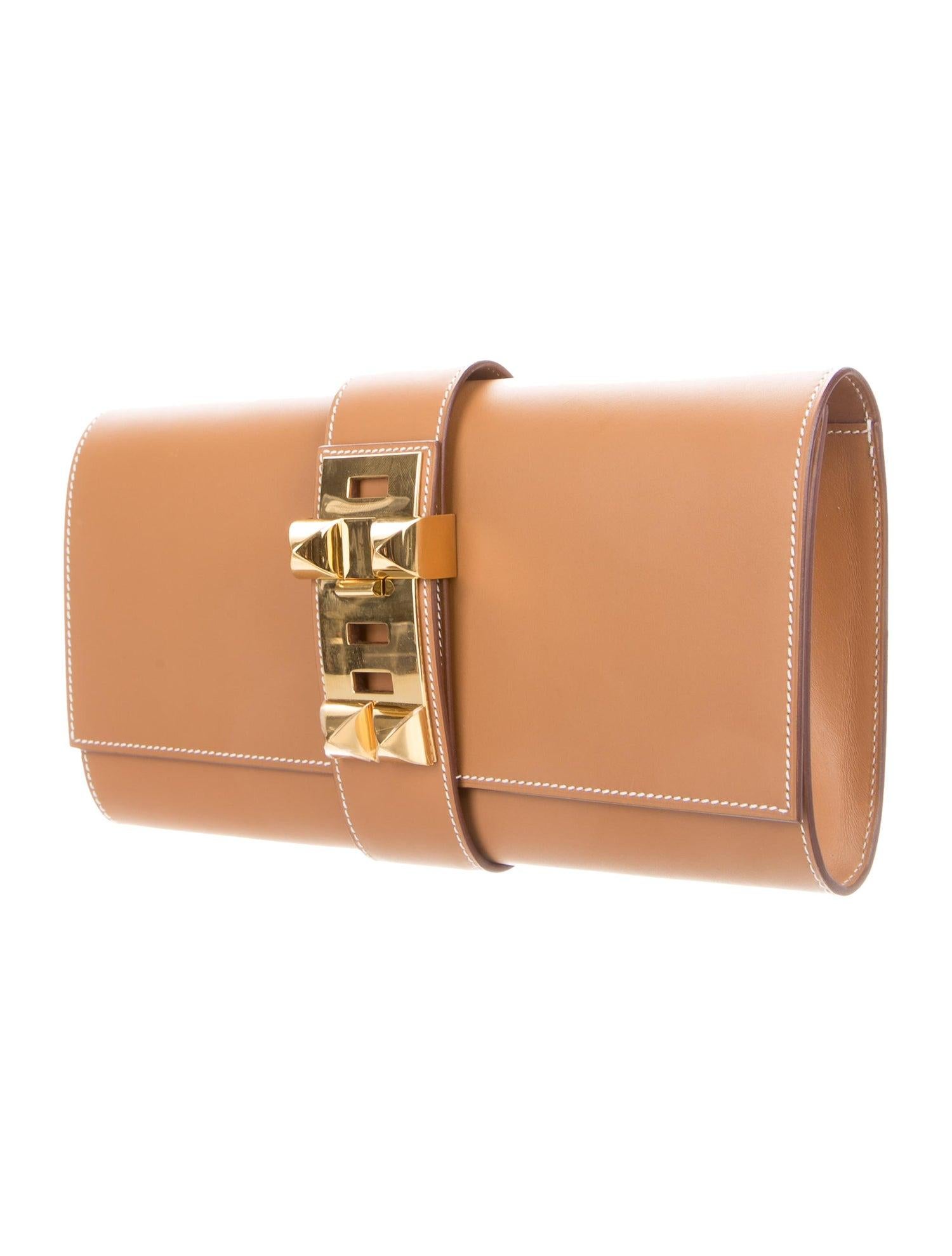 Women's Hermes NEW Cognac Leather Gold Collier Evening Envelope Clutch Flap Bag 