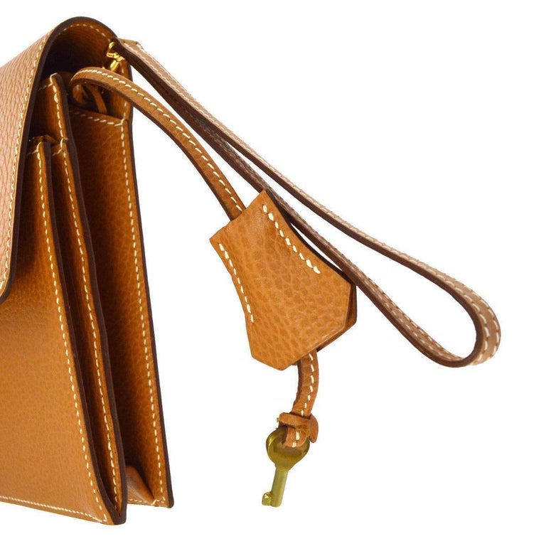 Hermes Cognac Leather Gold Envelope Evening Flap Wristlet Clutch Bag at