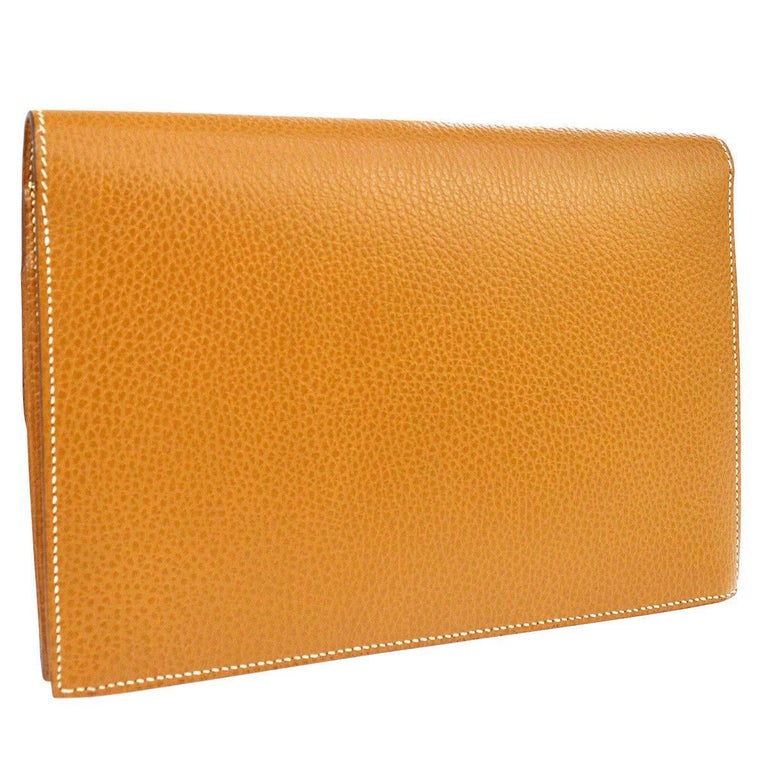 Hermes Cognac Leather Gold Envelope Evening Flap Wristlet Clutch Bag at