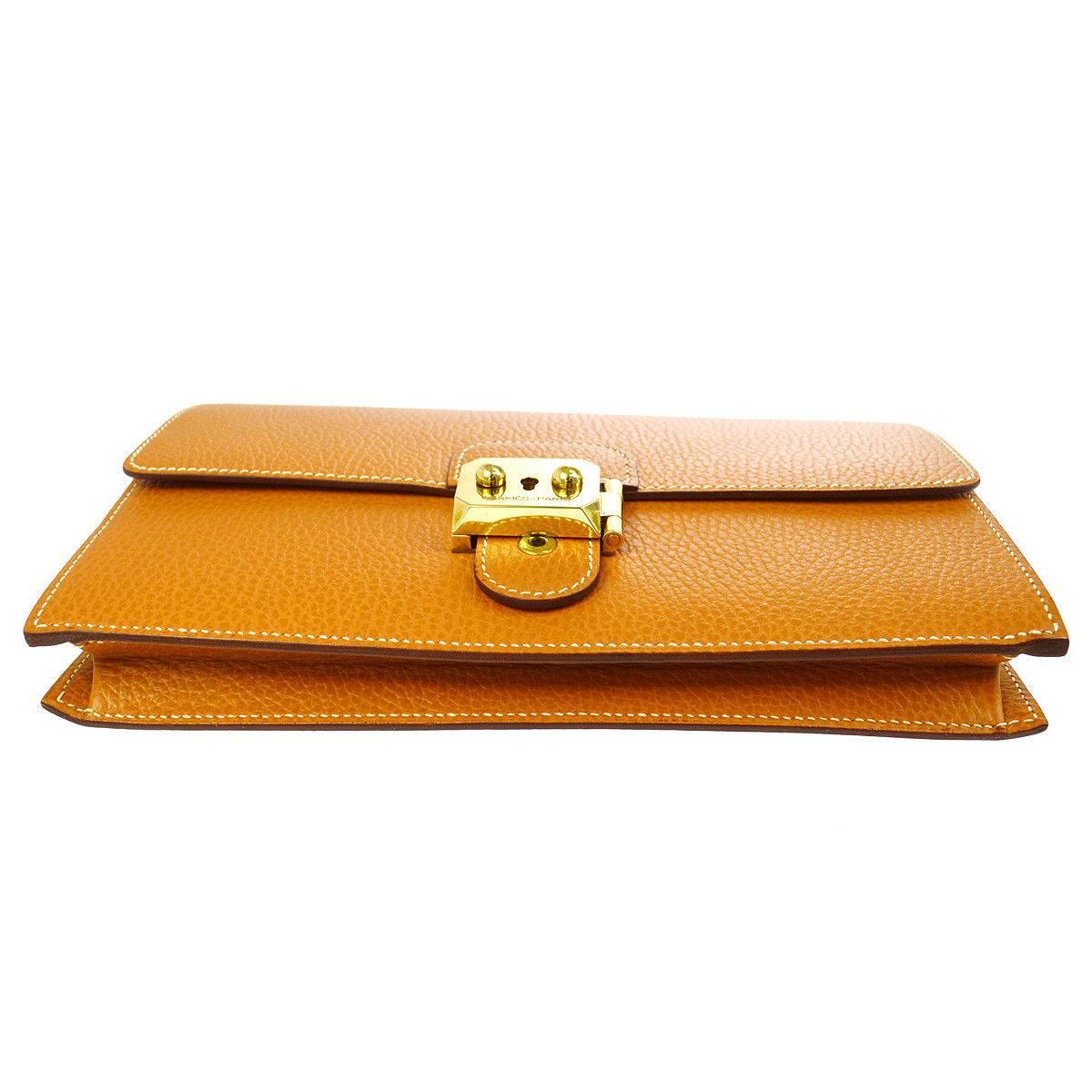 Women's Hermes Cognac Leather Gold Envelope Evening Flap Wristlet Clutch Bag 