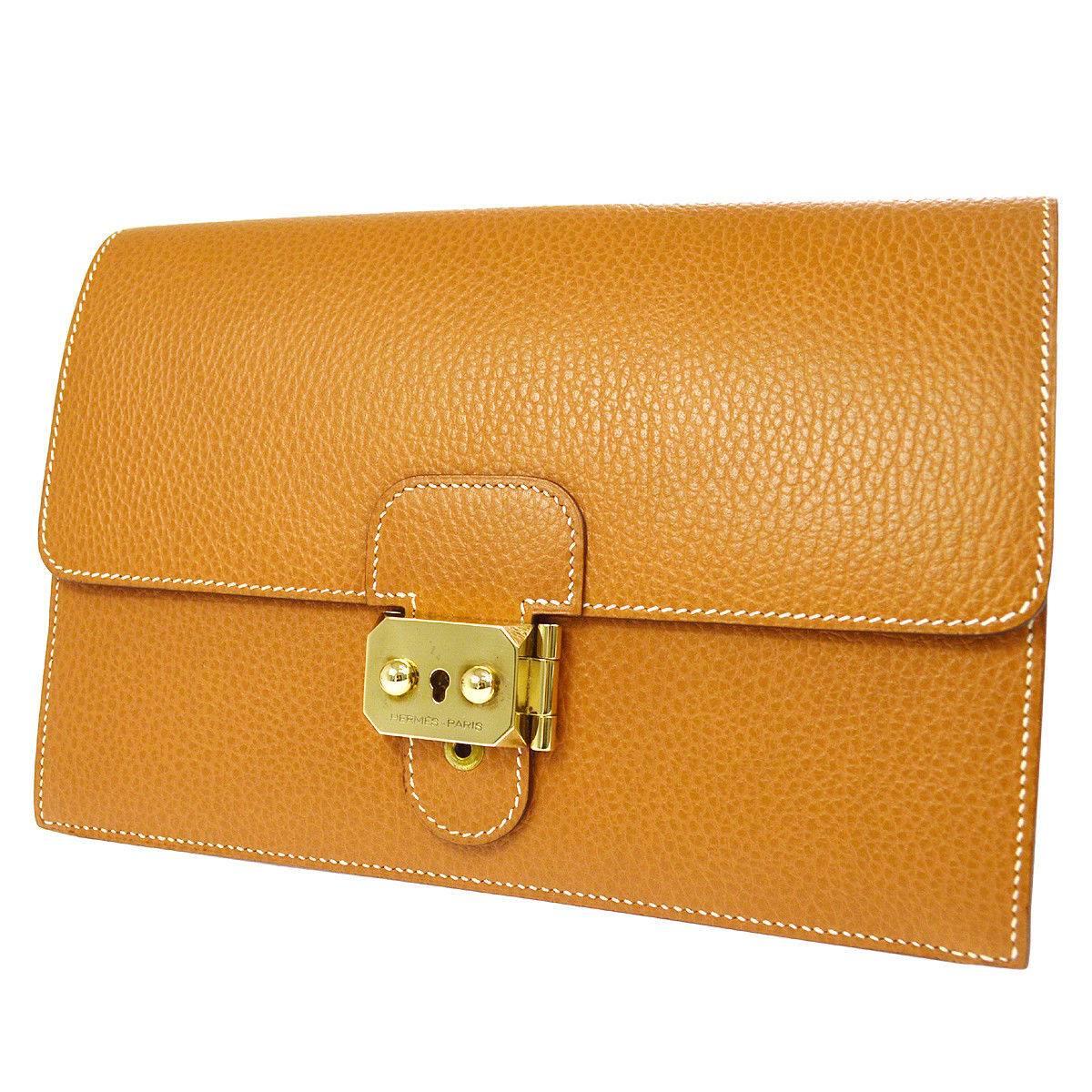 Hermes Cognac Leather Gold Envelope Evening Flap Wristlet Clutch Bag 