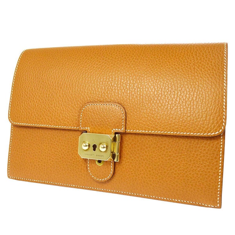 Hermes Cognac Leather Gold Envelope Evening Flap Wristlet Clutch Bag at