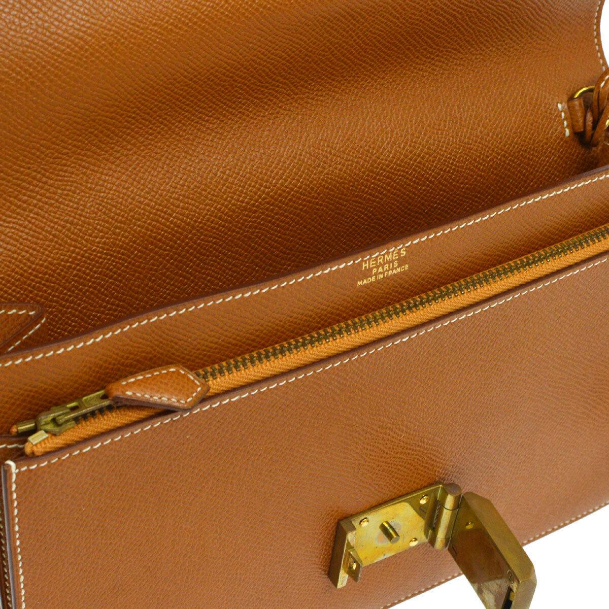 Brown Hermes Cognac Leather Gold Flip Lock Wristlet Evening Flap Clutch Bag with Keys