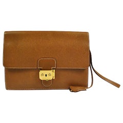 Hermes Cognac Leather Gold Flip Lock Wristlet Evening Flap Clutch Bag with Keys