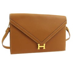 Hermes Cognac Leather Gold 'H" Logo Evening 2 in 1 Shoulder Flap Clutch Bag