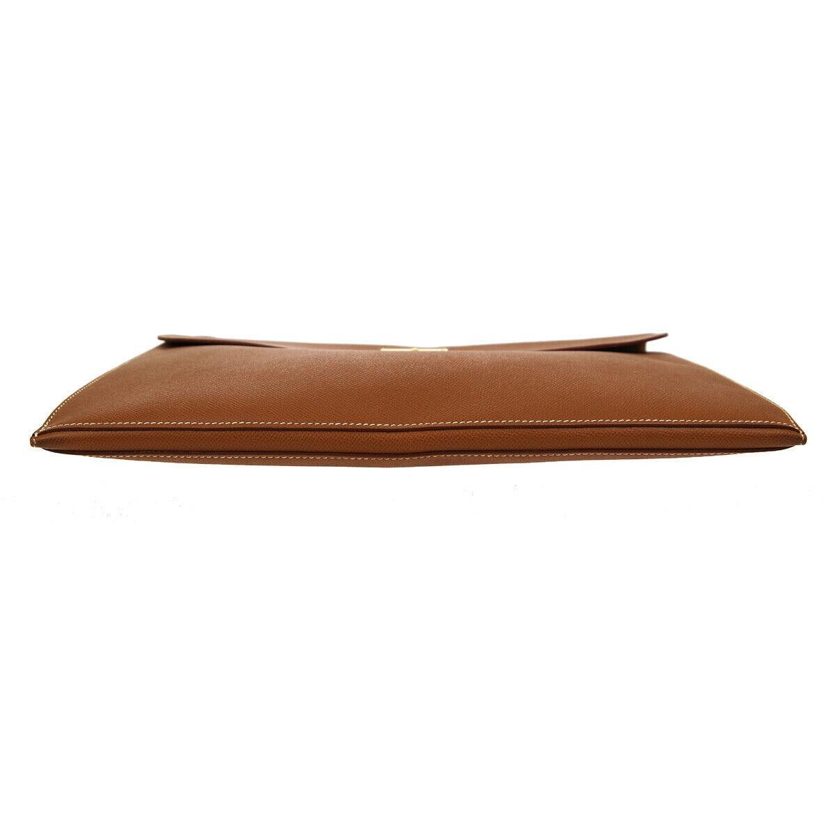 Hermes Cognac Leather Gold Men's Women's Attache Envelope Clutch Bag in Box In Good Condition In Chicago, IL