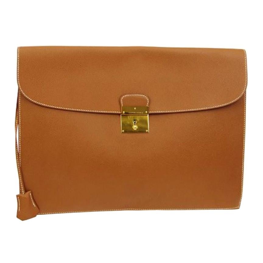 Hermes Cognac Leather Gold Men's Women's Attache Envelope Clutch Bag in Box