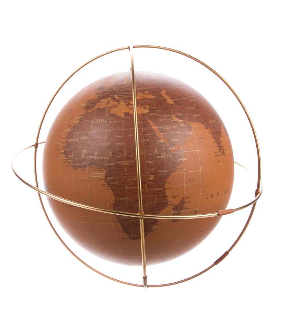 Marrone Hermes Cognac Pelle Placcata Oro Uomo Donna Scrivania Globo in Scatola in vendita