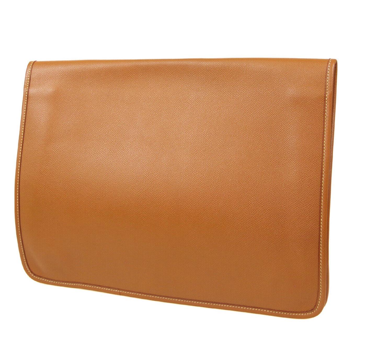 Brown Hermes Cognac Leather Gold Top Handle Evening Portfolio Men's Clutch Flap Bag