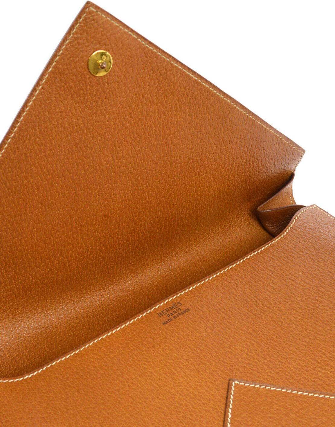 Hermes Cognac Leather Gold Top Handle Evening Portfolio Men's Clutch Flap Bag In Good Condition In Chicago, IL